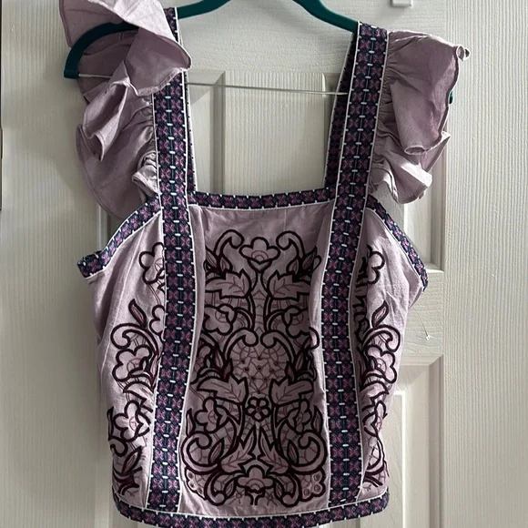 Anthropologie Lavender Embroidered Ruffle-Sleeve Top - Picture 3 of 9